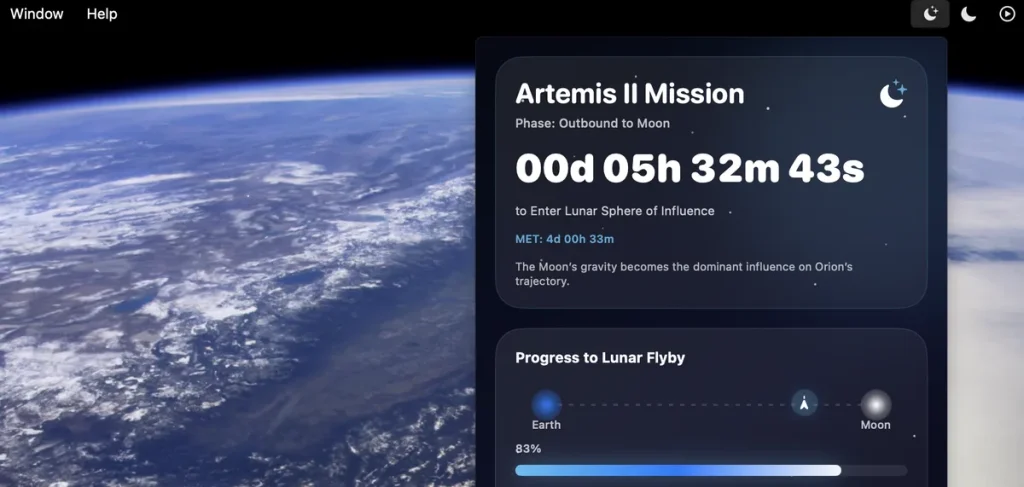 Приложение Moonshot для отслеживания Artemis II на Mac