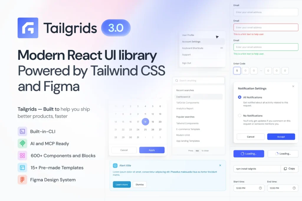Tailgrids 3.0 запустил UI библиотеку с большим выбором компонентов